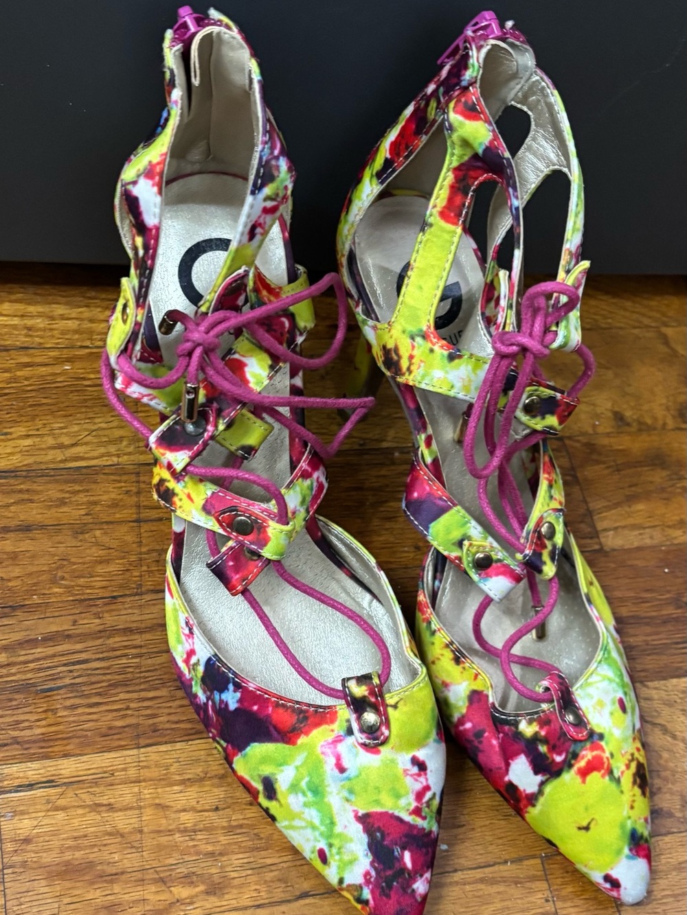 Guess Multi-Color Floral Lace-Up Pointed Heels